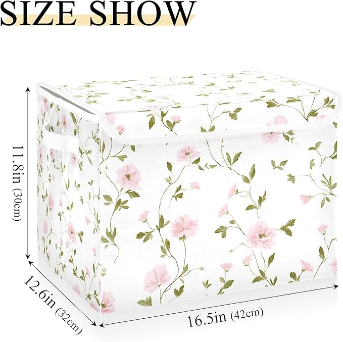 ALAZA Shabby Chic Pink Floral Vine Storage Bins Organizer Box Baskets Lidded Clothes for Shelves Closet Collapsible Stackable Storage Cubes Handles