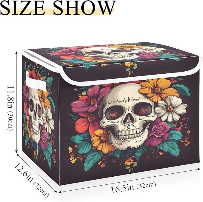 senya Large Storage Bins with Linen Halloween Skull Flower Collapsible Foldable Storage Cubes Fabric Closet Organizer Containers Box with Flip-Top Lid for Home Bedroom Office 16.7 x 12.6 x 11.8in