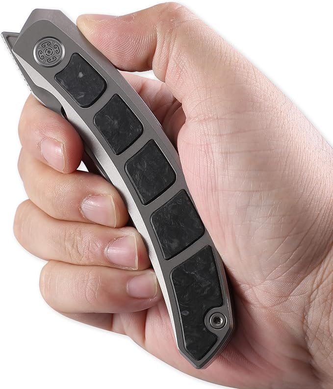 Kamasu Front Flipper Folding Knife 3.74 M390 Steel 6AL4V Titanium &amp GITD Carbon Fiber Handle Titanium Pocket Clip EDC Knife (Grey-stonewashed)