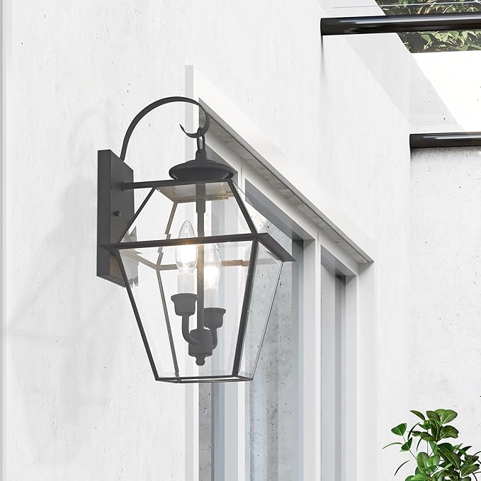 Livex Lighting 2281-04 Westover 2 Light Outdoor Black Finish Solid Brass Wall Lantern with Clear Beveled Glass