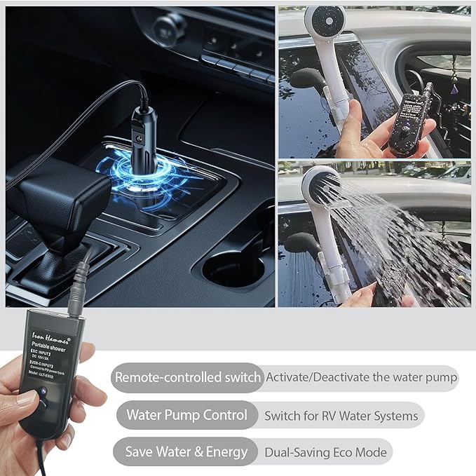 Portable 12V High Pressure Camp Shower Pump Compatible with Car Lighter Plug&ampPD fast charging portable power banks by USB-COutdoor Shower for CampingRV (Grey-Car Plug&ampPD Power bank)