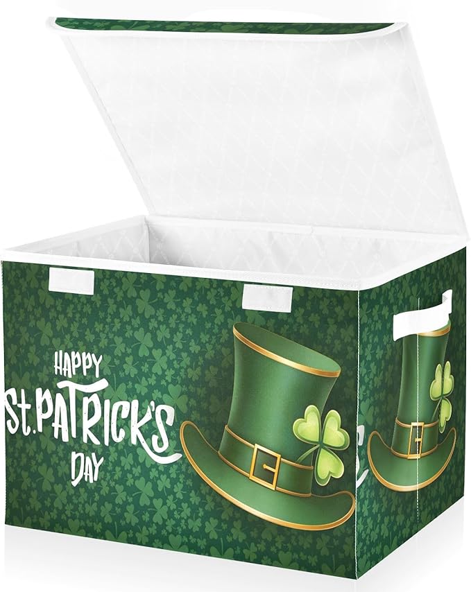 senya St. Patrick's Day Storage Baskets Collapsible Storage Bins with Lids Saint Patrick's Day and Green Hat on Shamrock Storage Boxes Clothes Baskets for Organizing