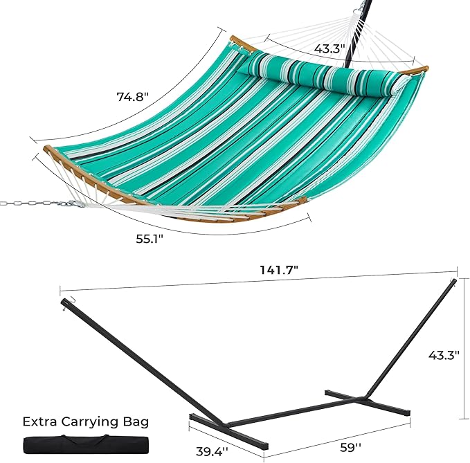 SUPERJARE Hammock with Stand 2 Person Heavy Duty Hammock with Padded Cotton Detachable Pillow &amp Strong Curved-Bar &amp Portable Carrying Bag Perfect for Outdoor &amp Indoor Mint Green with S