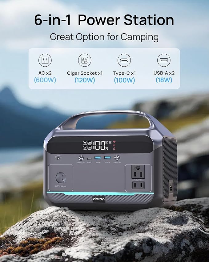 DaranEner Portable Power Station 600W 288Wh LiFePO4 Battery Backup Power w/2×600W AC Outlets (1200W Surge) 2.2H Fast Charging Solar Generator for Outdoor Camping/RVs/Home Emergency (Solar Optional)