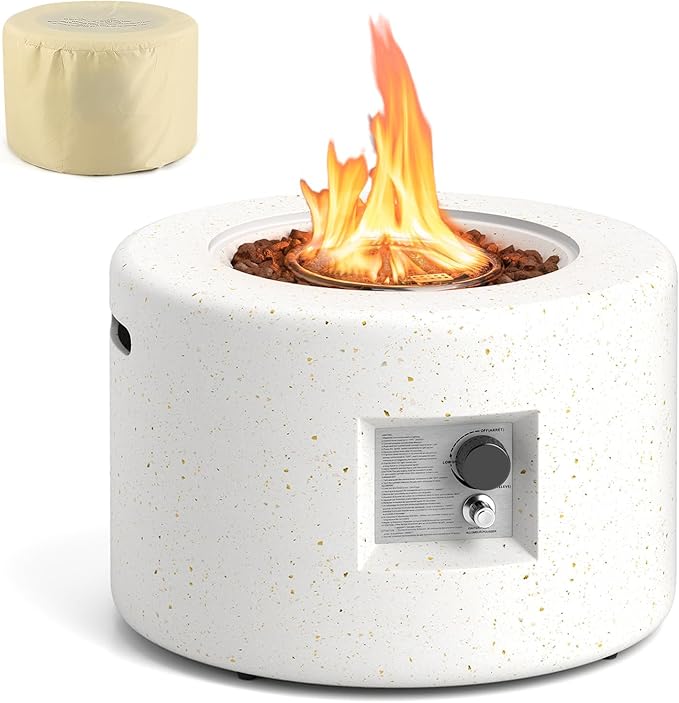 Tangkula Propane Fire Pit Table 25.5” Round Terrazzo Gas Fire Pit with Stainless Steel Burner &amp Lava Rocks Protective Cover &amp Tank Seat Included 40000 BTU Smokeless Fire Pit for Outside Pa