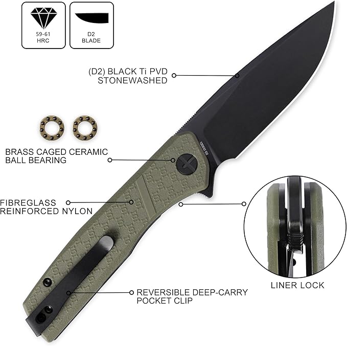 IOI Scout I20532 Folding Pocket Knife for Men 3.62 EdgeD2 Black Titanium PVD Blade FRN Handle Lightweight EDC Knife with Liner Lock and Custom Left-Side Clip Great for Everyday Carry Work Outdo