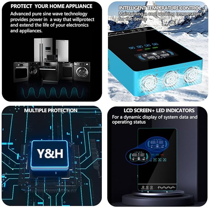 Y&ampH 4000W Hybrid Solar Inverter DC24V 120VAC Pure Sine Wave Output Battery-Free Starting Built-in 140A MPPT Charger 6.25 Touch LCD UPS/Line/Battery Mode for Off-Grid Home/RV/Energy Storage Sy