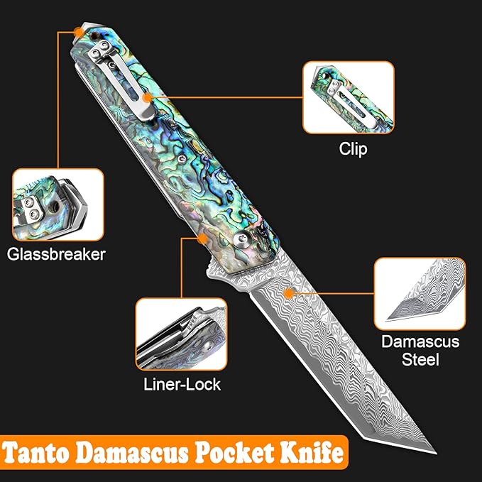 AUBEY Damascus Pocket Knife with Clip Sharp Tanto Blade with VG10 Core Folding Knife with Abalone Shell Handle and Glass Breaker EDC Camping Knife for Gift Survival Collection