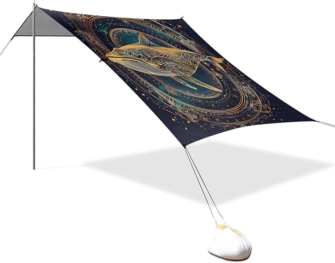 ALAZA Golden Whale Mandala Beach Tent Sun Shelter UPF50+ Protection Beach Shade Canopy w/ 4 Sandbags for Outdoor Camping Fishing Backyard Fun Picnic 10x9 ft