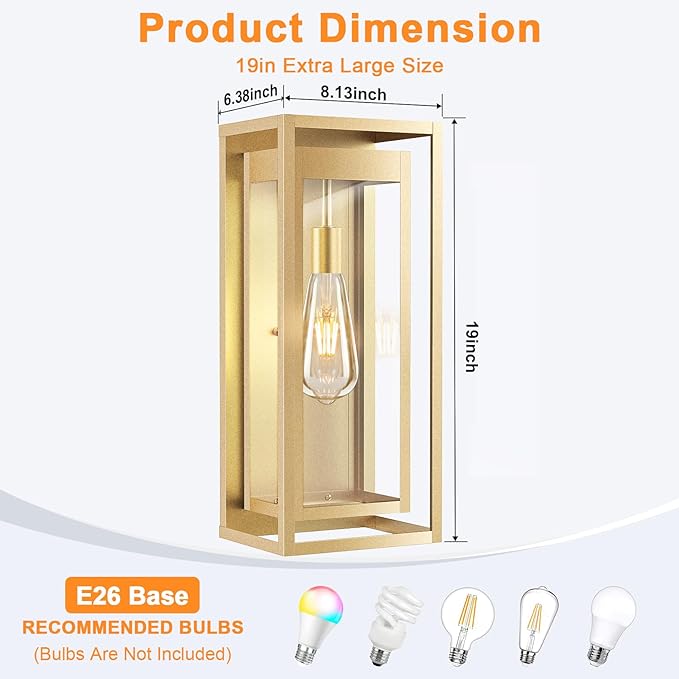 Large Outdoor Wall Sconce 2 Pack 19 Gold Outdoor Light Fixture Exterior Lighting Fixtures Anti-Rust Porch Lights with Clear Glass for Front Door Garage