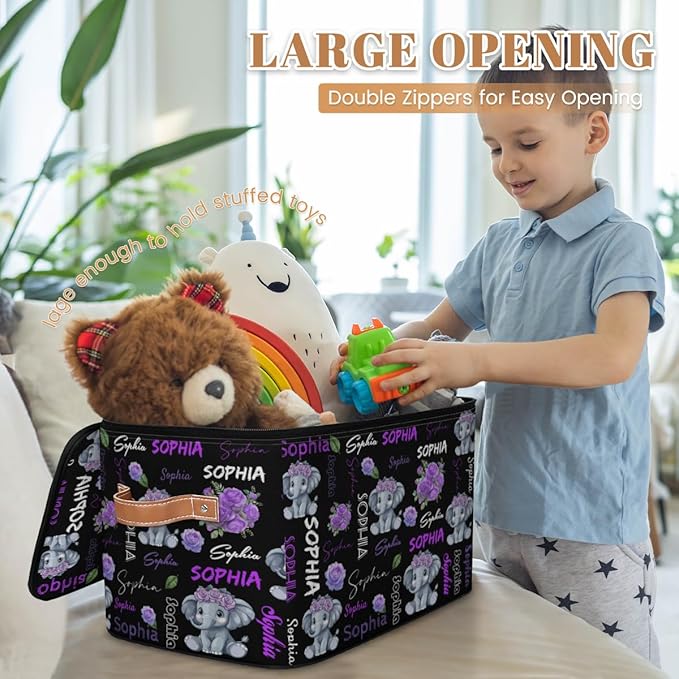 Custom Storage Bins with Zipper Lid Personalized Elephant Fabric Lidded Storage Baskets Boxes Foldable Cubes Clothes Organizer Container