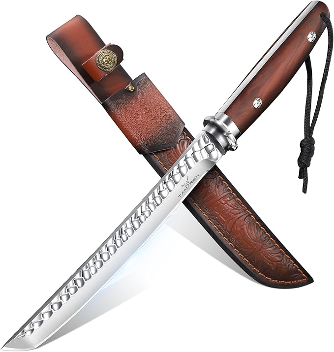 TAN REN Hunting Knife with Sheath 8.3 Inch Fixed Blade Survival Outdoor Knife with Wooden Handle for Camping Bushcraft Christmas Gifts for Men