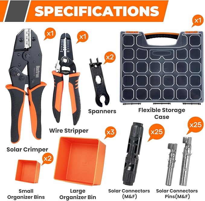 30PCS Solar Crimper Tool Kit - Crimping Tool Wire Stripper 25 Pairs Solar Connectors Suitcase and 2 Spanner Wrenches for Solar Panel Cable Assembly