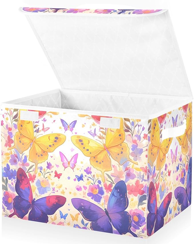 Bright Butterfly Lidded Storage Bins with Handles - 16.5x12.6x11.8 Foldable Organizing Box Oxford Fabric &amp Honeycomb Board Dust-Proof Flip Lid for Closet/Office
