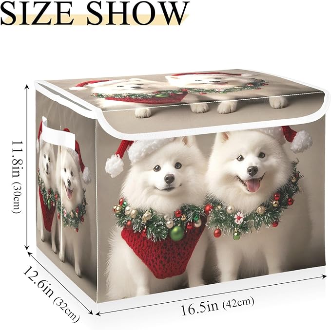Storage Cube with Lid Dogs Christmas Print 16.5×12.6×11.8 IN Collapsible Large Capacity Foldable Storage Basket Bin Organizer