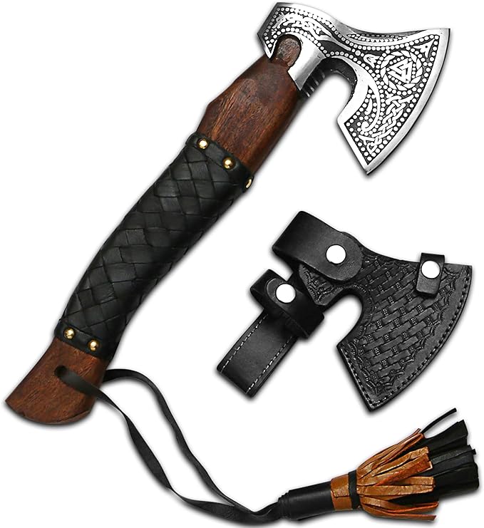 Russian Valknut Wood Viking Style Bearded Axe Tomahawk - Real Hatchet Best Gift for Anniversary Valentine's Day Birthday Premium Leather Sheath with Leather Wrap Handle Perfect Hand Grip