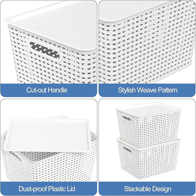 Begale White Plastic Storage Baskets with Lids 14 x 11.6 x 8.7 6 Packs Stackable Storage Bins Containers for Organizing