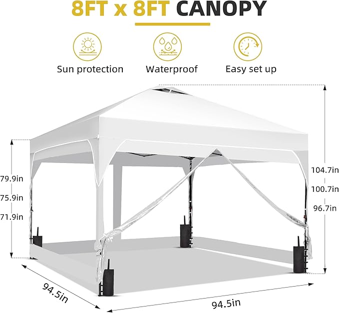GDY 8x8 FT Pop Up Canopy Tent with One Push SetupSetup Gazebo with 4 PVC Transparent SidewallsEasy Carry for Events Parties Camping White