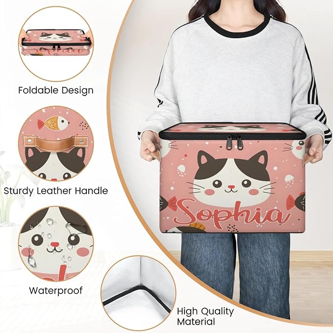 Custom Storage Basket with Name Personalized Storage Bins with Zipper Lid Foldable Fabric Storage Box Large capacity with Handle Cat Pink