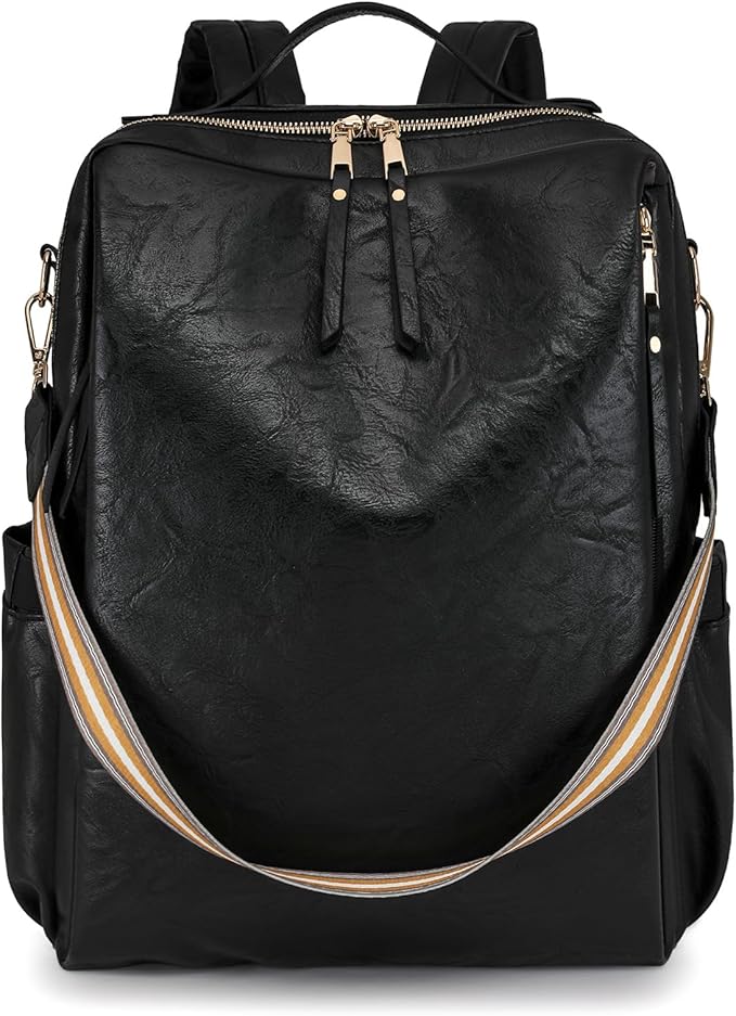 Women’s PU Leather Laptop Backpack Business Travel Shoulder Bag with Laptop Compartment – Multi-Functional Work Bag (Black)
