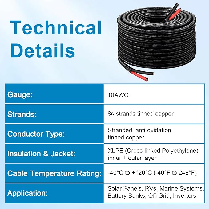 XRDS -RF 10AWG Solar Extension Cable 50FT with Flame-Retardant Protective Sleeving Tinned Copper PV Wire Flexible Outdoor Photovoltaic Cable for Solar Panel RV Boat Off-Grid System