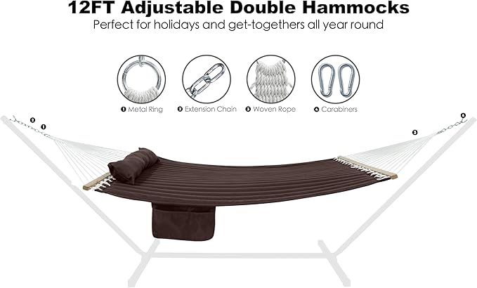 GAFETE Hammock 2 Person Quilted Fabric Hammocks for Outside Double 12ft Hammocks with Spreader Bar Large Removable Pillow Storage Bag Carabiners Max 475 lbs Capacity (Coffee)