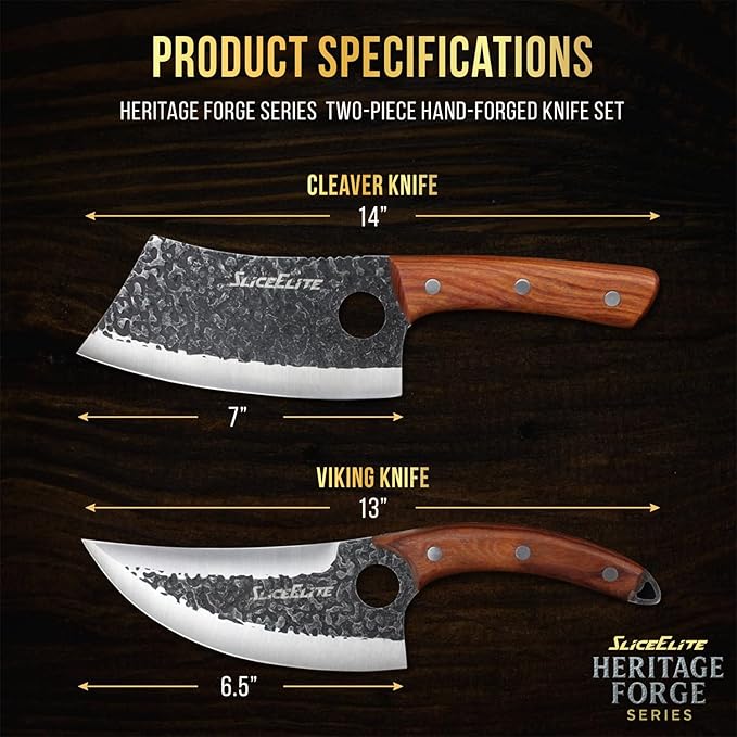 SliceElite 2PCS Hand-Forged Butcher Knife Set | Cleaver &amp Viking Knives for Meat Cutting | Professional Chef Knife Gift Box Perfect BBQ Tool for Men