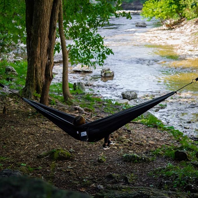 Vivere Double Parachute Camping Hammock Includes Stuff-Sack (Black/Grey)