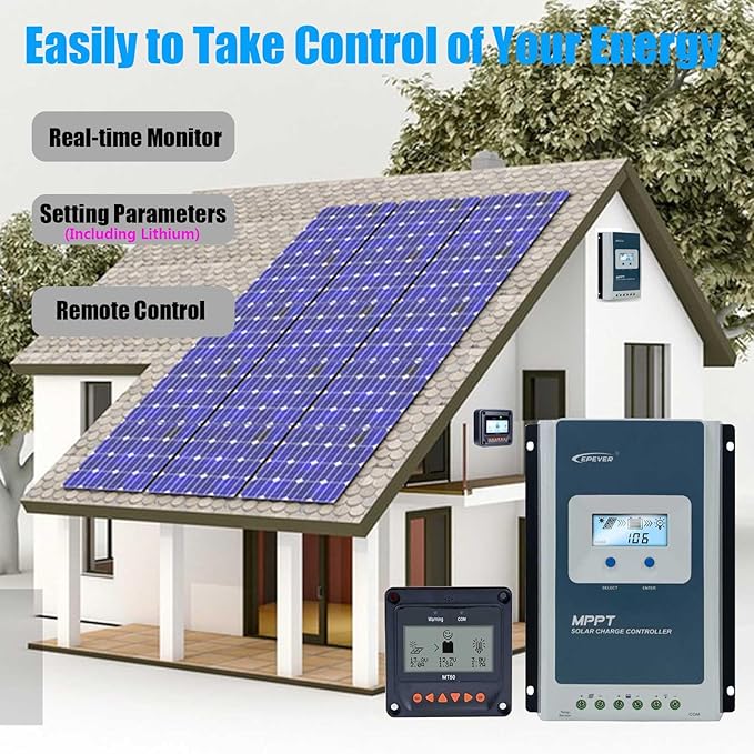 EPEVER 40A 12/24V Auto Identify MPPT Solar Charge Controller with Remote Control of LCD Display Adjustable Parameters and Temperature Sensor Support Lithium (Tracer 4210AN MT50 Sensor)