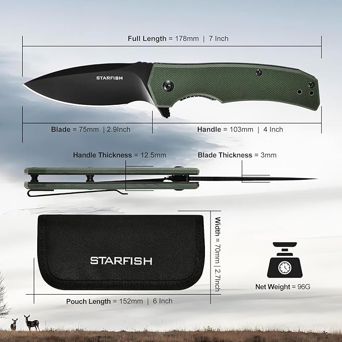 STARFISH Folding Knife 2.9 DC53 Steel PVD Titanium Coating Blade Pocket Knife with G10 Handle and Clip Lightweight Sharp Camping Hiking Daily Work Knives(green)