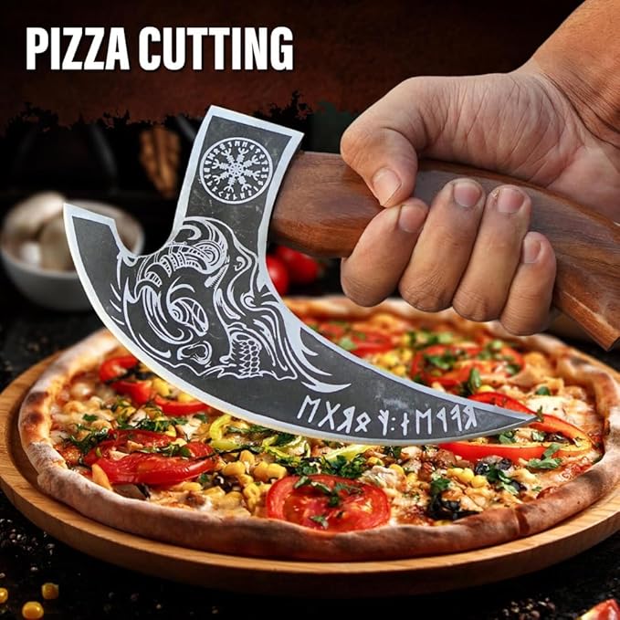 Multipurpose Viking Pizza Axe with Sheath Viking Butcher Axes Cutter - Burned Wood Handle &amp Heavy Duty Skull Head - Perfect for Cutting Pizza Meat Vegetables(Skull)