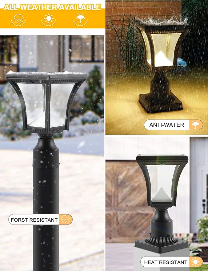 Solar Post Light with Pier Mount Solar Lamp Post Light with Clear Glass Solar Pillar Light Outdoor Warm White &amp Cool White (Switch)