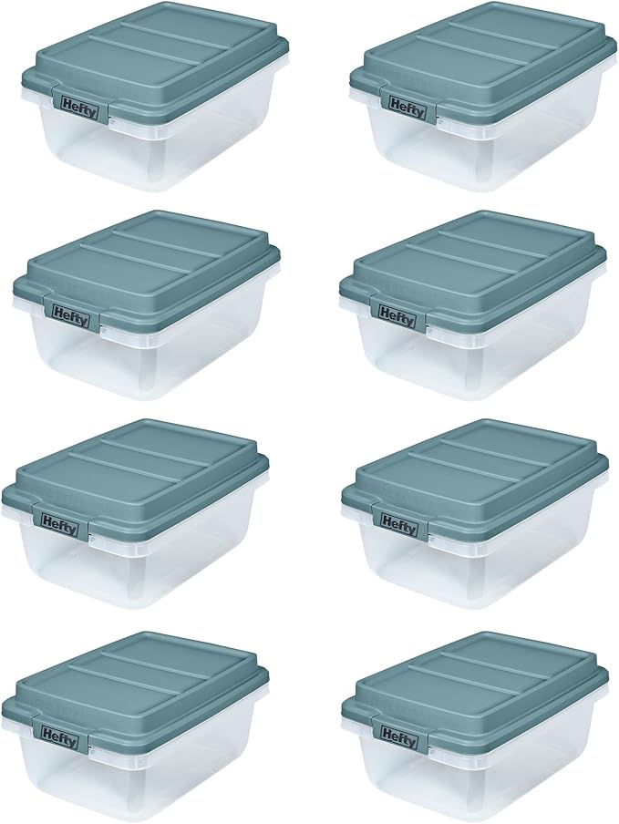 Hefty 18 Quart Hi-Rise Storage Bin with Lid Stackable Plastic Container for Home Office and Classroom Organization 8 Pack Smoke Blue