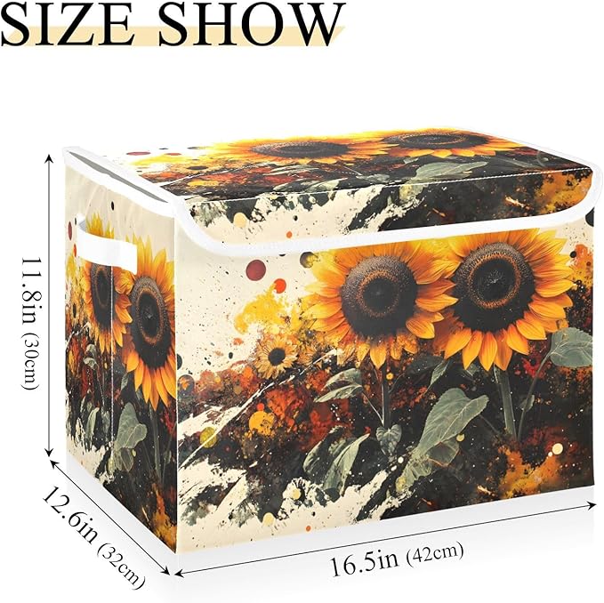 AIXIWAWA Lidded Storage Cube (Painting Of Sunflowers) Fabric Foldable Closet Bins with Flip Lid and Handles Organizer Basket Container 16.5 x 12.6 x 11.8 IN