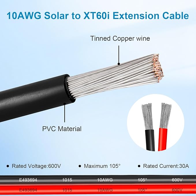 10AWG 75FT Solar to XT60i Extension Cable 3 6 10 35 50 75 100FT Heavy Duty Adapter Cable Connector XT60i Wire for Portable Power Station Solar Panel RV Battery