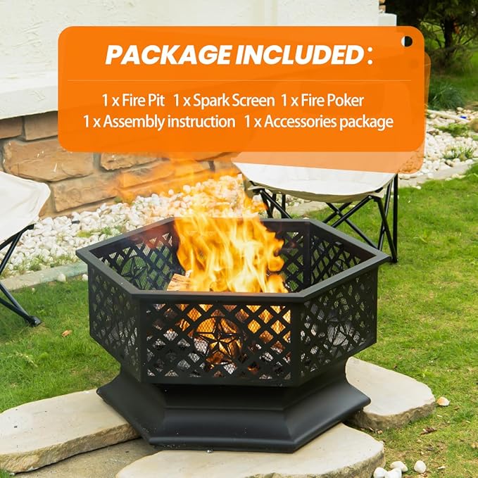 Panovue 28 Inch Hexagonal Fire PitWood Burning Firepits for Outside with Spark Screen&ampPokerMetal Hex-Shaped Outdoor Fire Pit for OutsideBackyardBonfirePatioGardenPicnic and Camping（Black）
