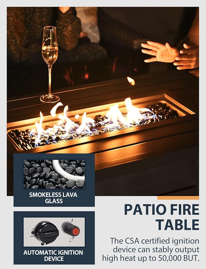 Propane Fire Pit Table HAPPATIO 48inch 50000 BTU Gas Fire Pit with Aluminum Slats Table Top Lid Black Glass Rock Aluminum Fire TableCSA Safety Certified for Outside Patio(Gray)