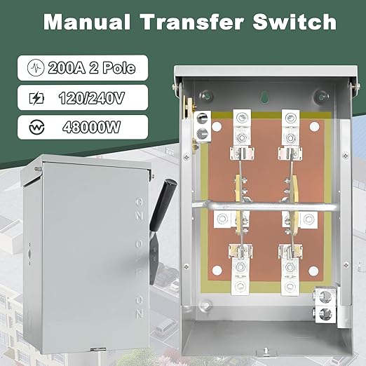 200 Amp Manual Transfer Switch 2/3 Pole 120/240V Transfer Switch for Home Generator 48000W General-Duty Double-Throw Safety Switches NEMA 3R Standards for Outdoor and Indoor
