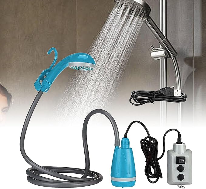 Camping Shower with Electric Pump for Outdoor Use USB Rechargeable Blue