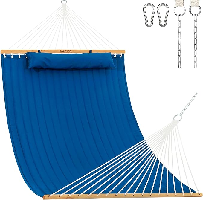 Lazy Daze 12 FT Double Quilted Fabric Hammock with Spreader Bars and Detachable Pillow 2 Person Hammock for Outdoor Patio Backyard Poolside 450 LBS Weight Capacity Dark Blue/Natural
