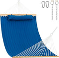 Lazy Daze 12 FT Double Quilted Fabric Hammock with Spreader Bars and Detachable Pillow 2 Person Hammock for Outdoor Patio Backyard Poolside 450 LBS Weight Capacity Dark Blue/Natural