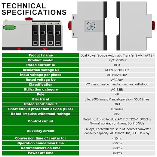 AC110V/120V 100Amp Automatic/Manual Transfer Switch 4P 50/60Hz 4Poles Mini ATS Auto Dual Power Switch Automatic Changeover Fast Transfer for Home Generator Soalr Rv and Lv Power
