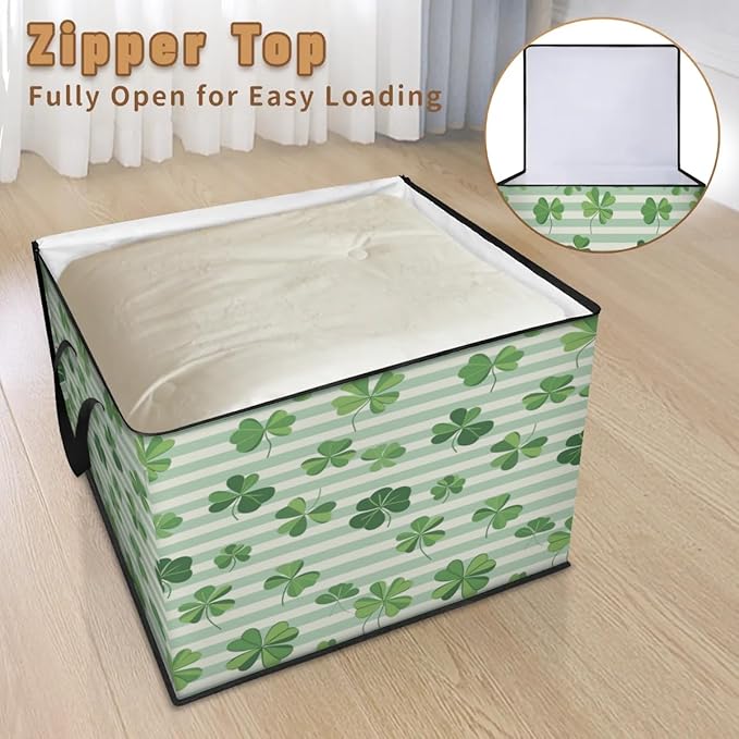 XL Large Clothes Storage with Lid Handle St. Patrick's Day Large Thick Clothes Blanket Storage Containers for Organizing Bedroom Closet Comforter Spring Green Clover Leaves Holiday