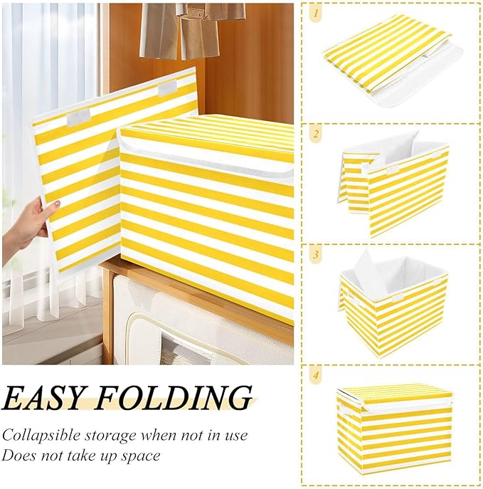 Bright Yellow and White Stripes Collapsible Storage Bins with Lids Decorative Fabric Cubes Closet Organizer Basket Boxes Containers for Clothes Box Chest Folding Rectangle