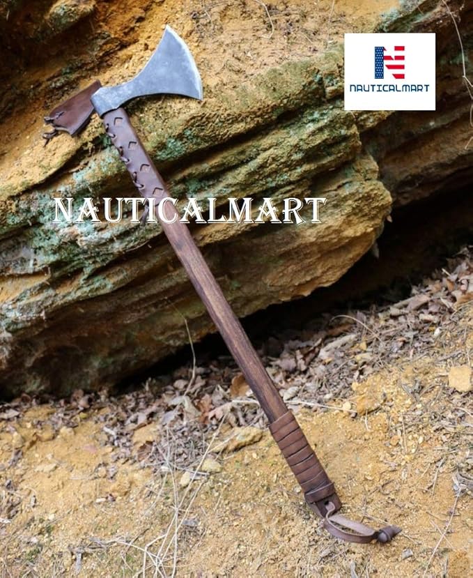 Nautical-Mart STEINN Viking Axe Forged Handmade Steel Iron Wooden Shaft Case Leather Ragnar Rollo Vikings Historical Cosplay LARP Medieval Fantasy Hatchet