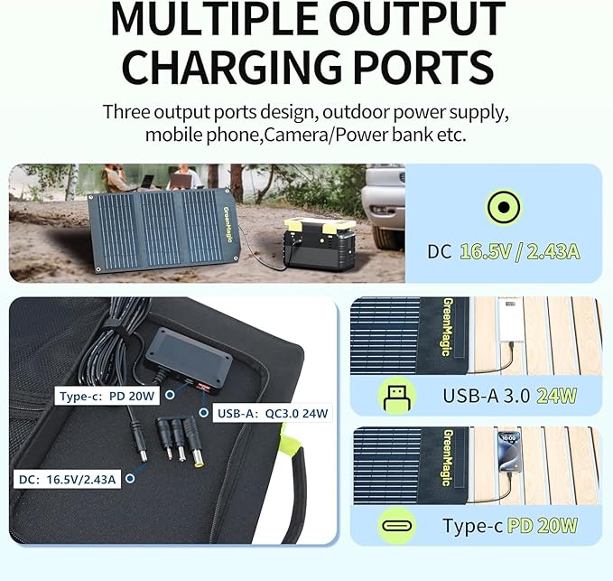 Greenmagic 40 Watt Portable Solar Panel with USB-A USB-C DC Output Foldable Solar Panel Charger Waterproof Fast Charging for Power Battery Power Station Smart Watches Phones Tablets Laptops etc
