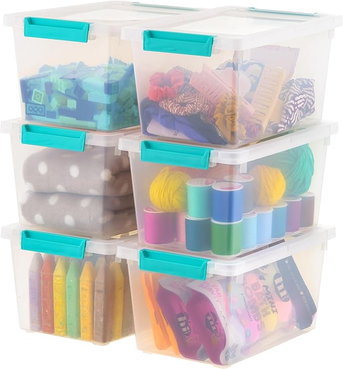 IRIS USA 4 Qt. Craft Storage Bins with Lids 6-Pack |Made in USA| Clip Box Small Plastic Sensory Bin Tote Organizer Containers for Art Supplies Paper &amp Office Stackable - Clear/Seafoam Blue