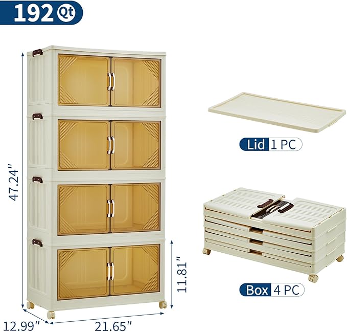 Garvee 192QT Stackable Storage Bins Plastic Bins for Storage with Lids Plastic Storages Drawers with Magnetic Doors &amp Wheels Foldable Collapsible Closet Organizers for Home Dorm Office White