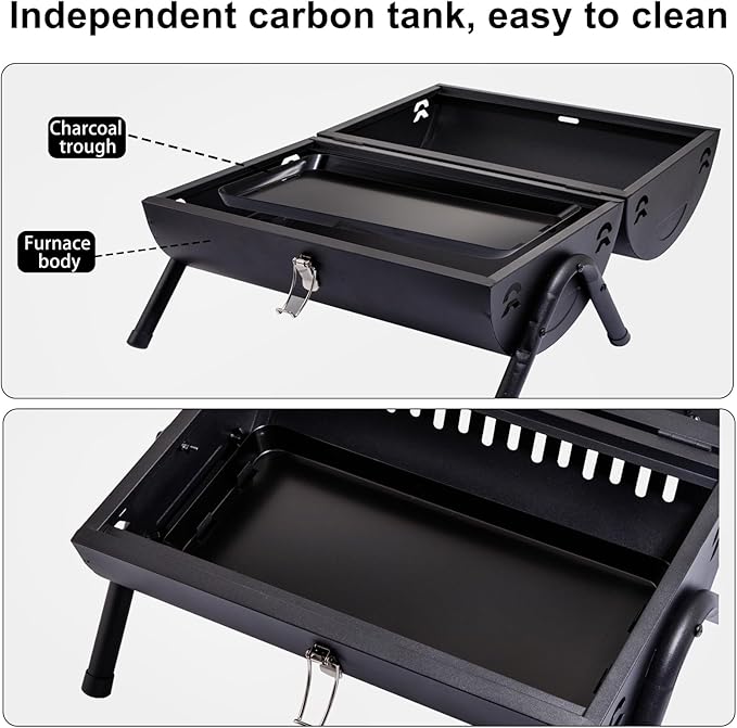 Supernal Portable Charcoal GrillTabletop Charcoal GrillBBQ Grill for Outdoor Cooking CampingPicnicsBackyardBalcony-Black2 Carbon Tank2 Baking Net1 Baking Pan