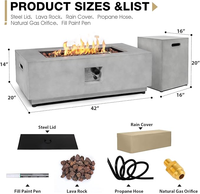 2-Piece Outdoor Propane Fire Pit Table Set w/Tank Cover Table 42inch 50000 BTU Rectangle Concrete Firepit SUS201 Burner with Steel Lid Lava Rocks Rain Cover